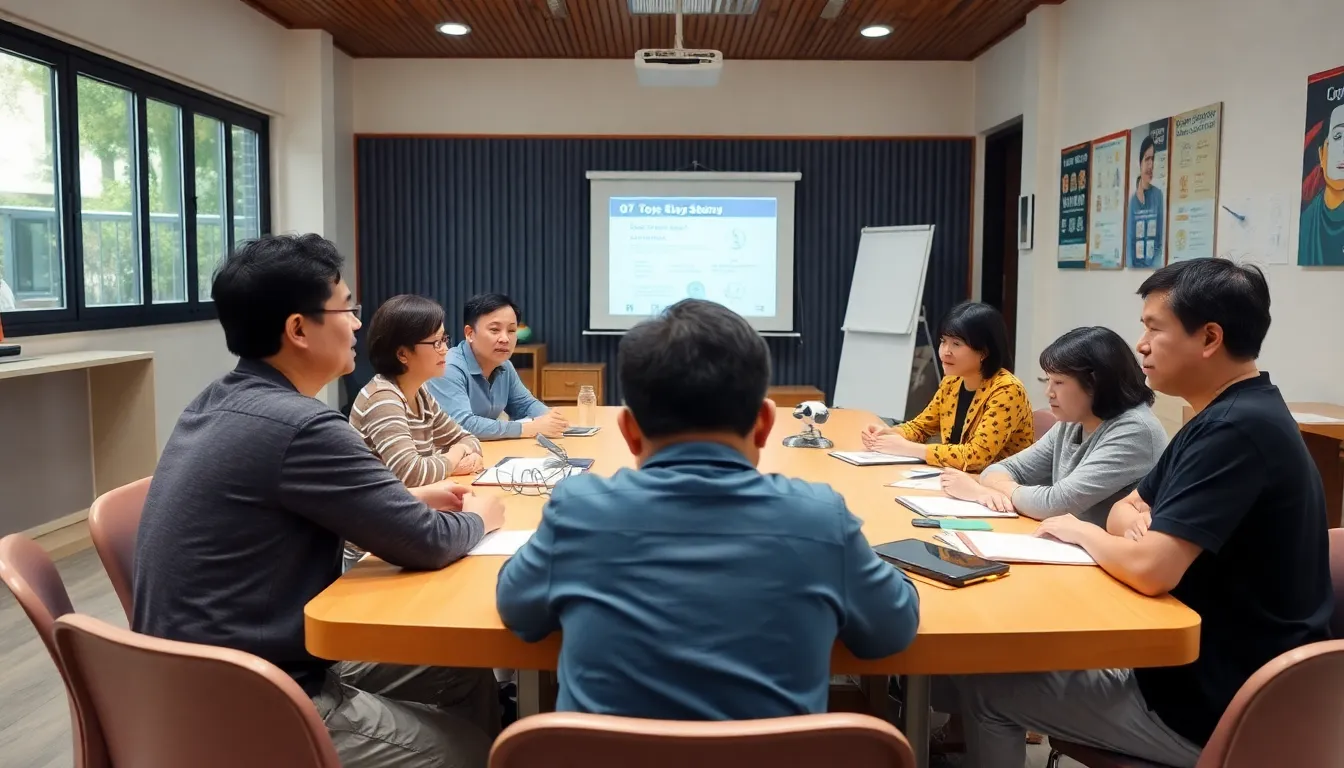 A group of Chinese parents discusses the benefits and concerns of A.I. toys for children's education during a community meeting.