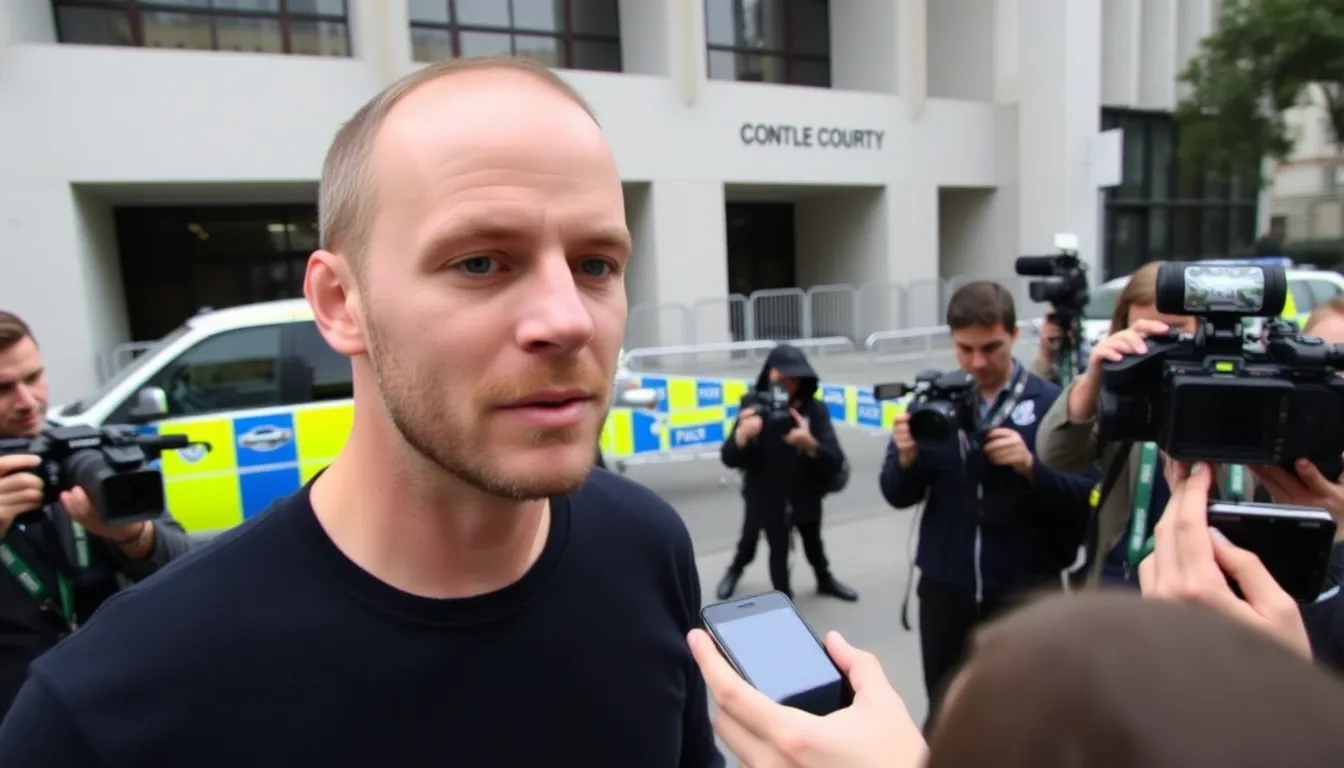 A man stands outside a courthouse surrounded by media, facing charges for endorsing a violent attack in Bondi while authorities investigate his extensive stockpile of weapons.