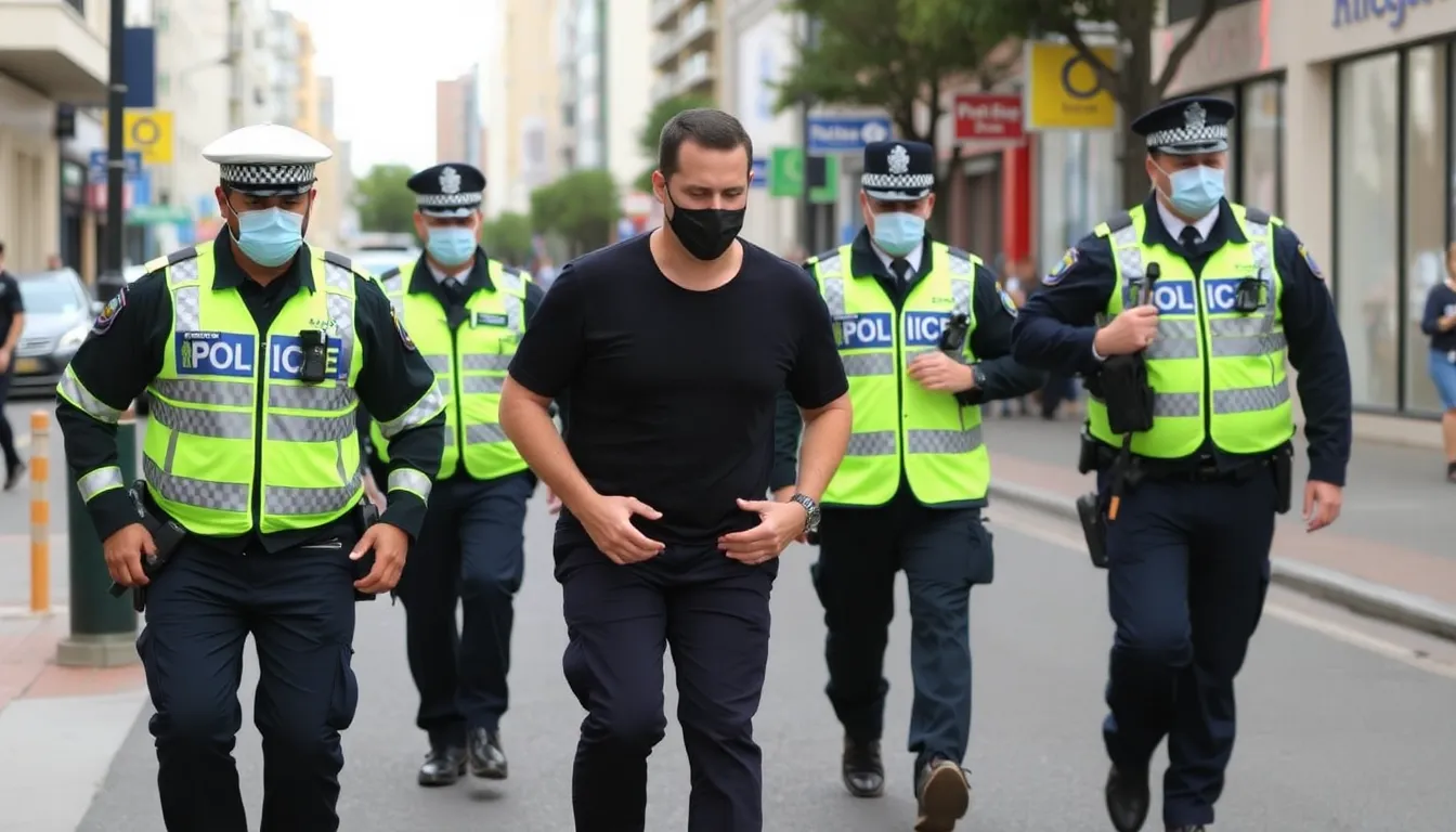 A 32yearold man is led away by police officers after being arrested for endorsing a violent attack in Bondi and possessing a stockpile of weapons.