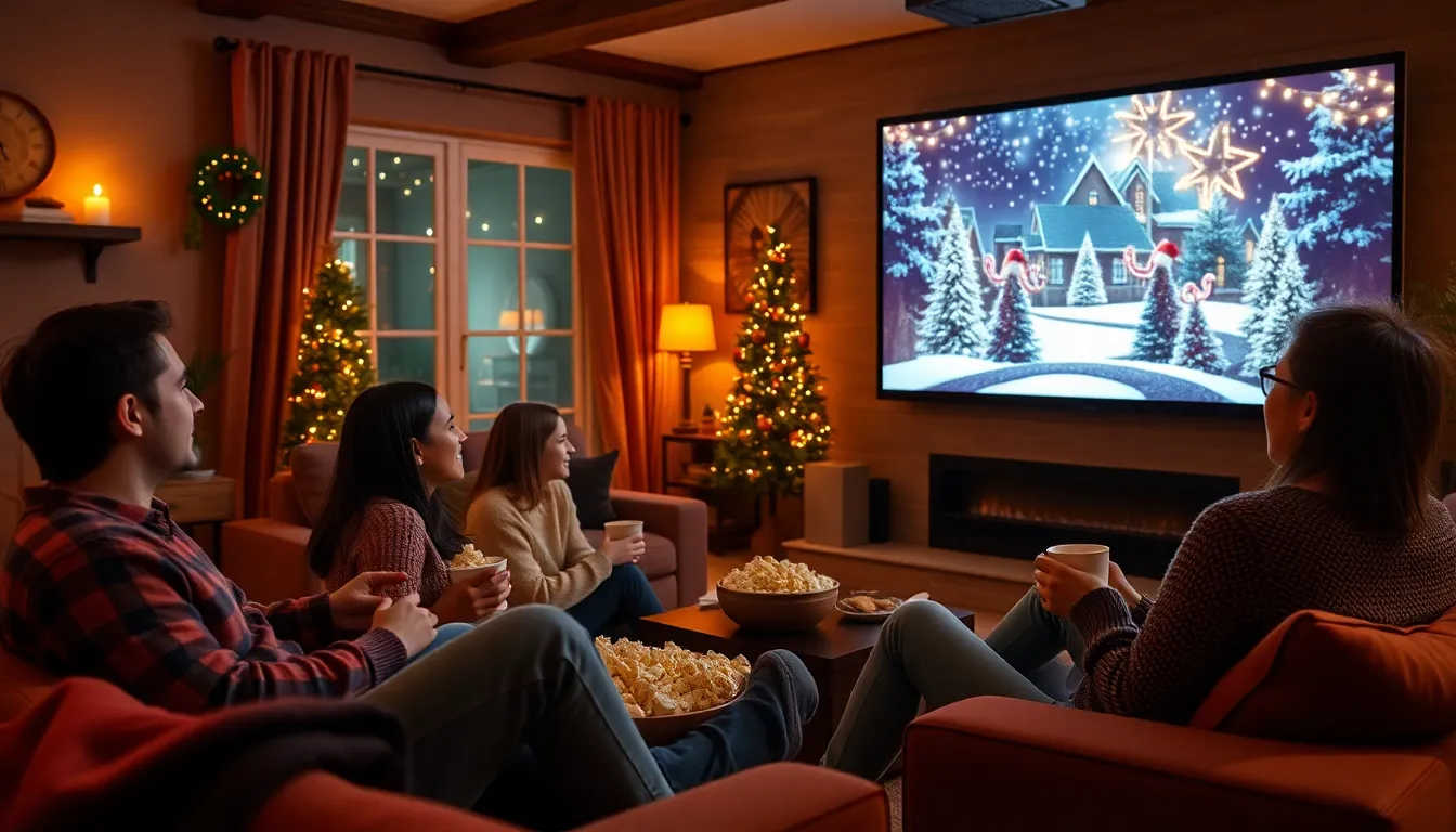 A group of friends sits on a cozy couch surrounded by festive decorations, eagerly watching a Christmas film on a large screen while enjoying popcorn and hot cocoa.
