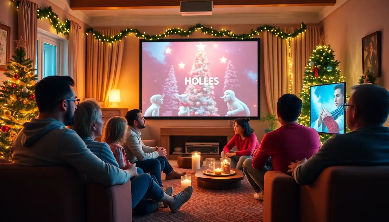 Families gather around a cozy living room, decorated with twinkling lights and a Christmas tree, as they enjoy a marathon of holiday films on a large screen.