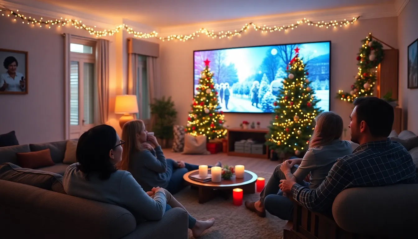 A festive display of various Christmas DVDs and streaming service logos, highlighting the diverse range of holiday films available for viewers to enjoy