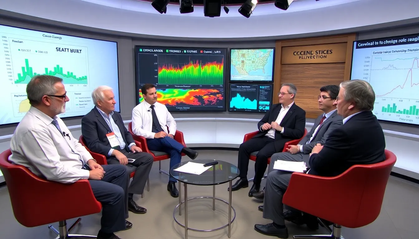 A group of scientists discusses the latest findings on climate change during a BBC Inside Science broadcast, with charts and data visualizations displayed on screens behind them.