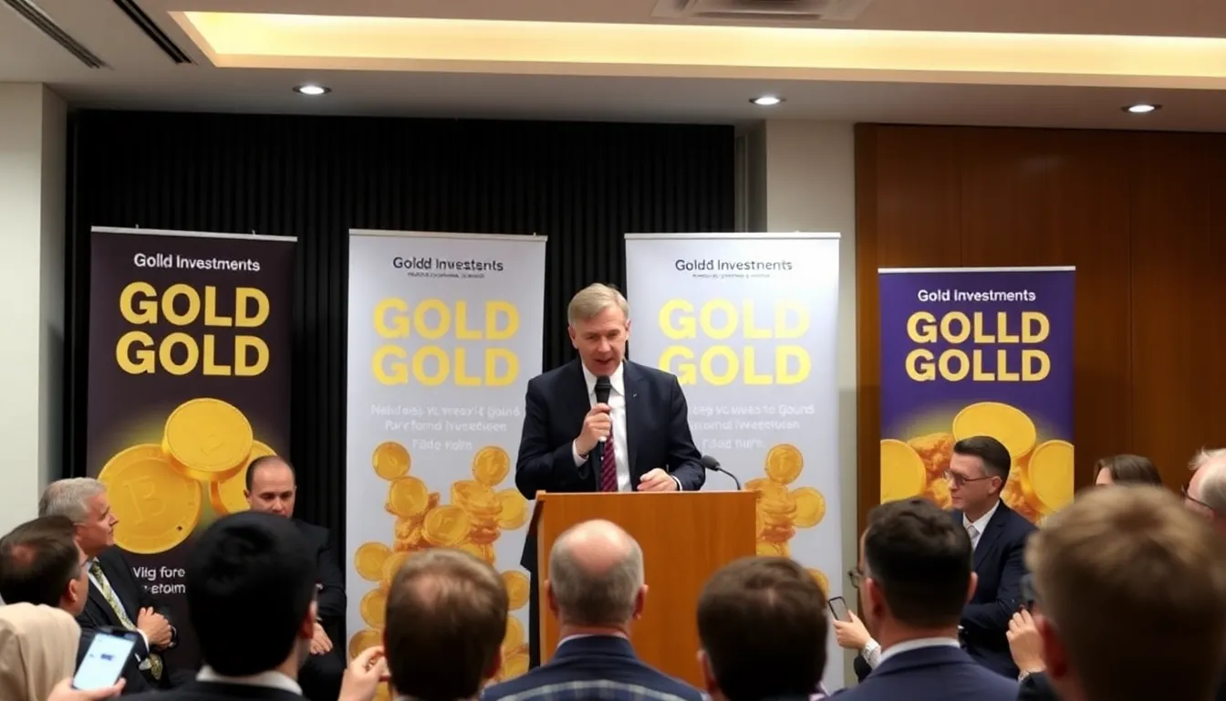 Nigel Farage stands at a podium during a press conference, addressing the media about his new role promoting gold as a pension investment amidst growing public criticism.