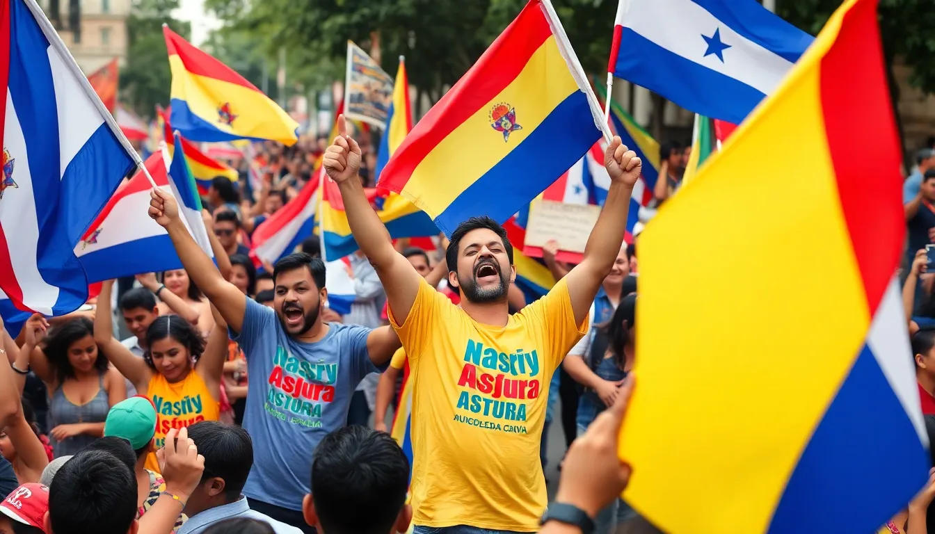 Supporters of Nasry Asfura celebrate in the streets of Tegucigalpa after his election victory, waving flags and chanting slogans amidst a backdrop of colorful banners.