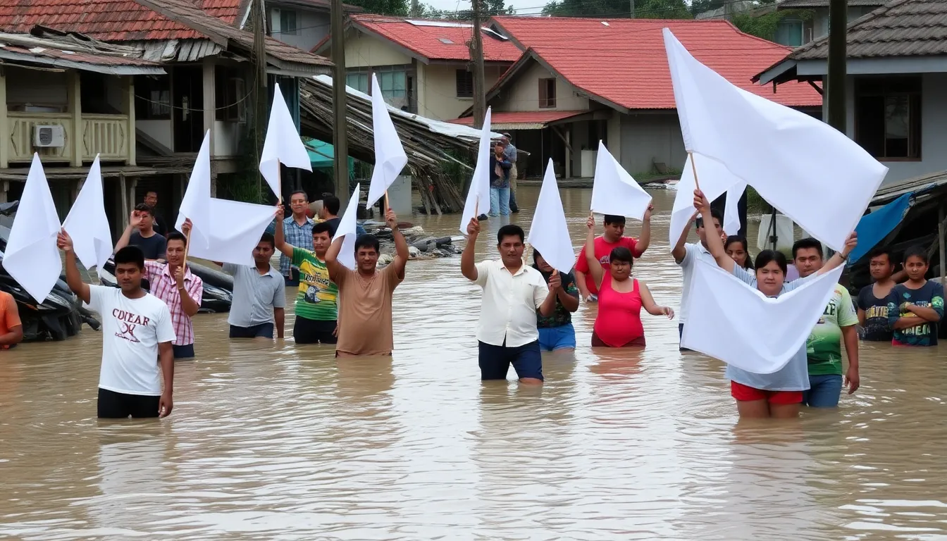 Displaced families gather together, highlighting the human impact of the flooding crisis and their need for immediate support