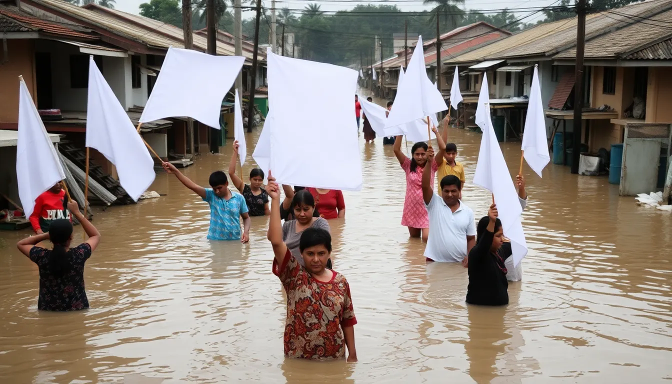 Community members protest in the streets, expressing their frustration over the slow delivery of aid following recent flooding