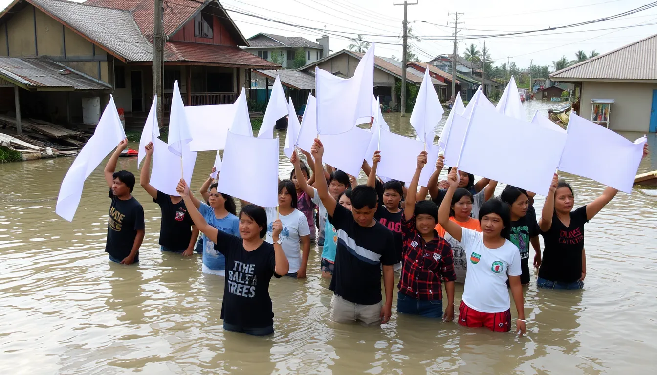 A closeup view of a white flag fluttering in the wind, symbolizing the urgent calls for help from floodaffected residents