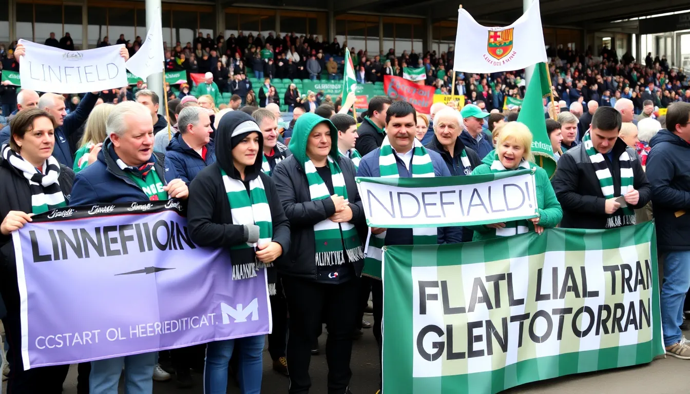 Fans wearing team colors gather outside the stadium, eagerly anticipating the upcoming derby match between Linfield and Glentoran.