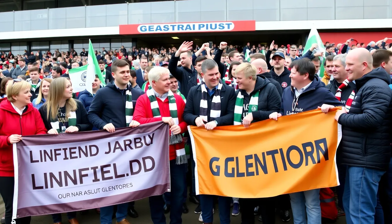 The vibrant crowd in the stadium, filled with passionate fans waving flags and cheering, creating an electrifying atmosphere that reflects the significance of the rivalry