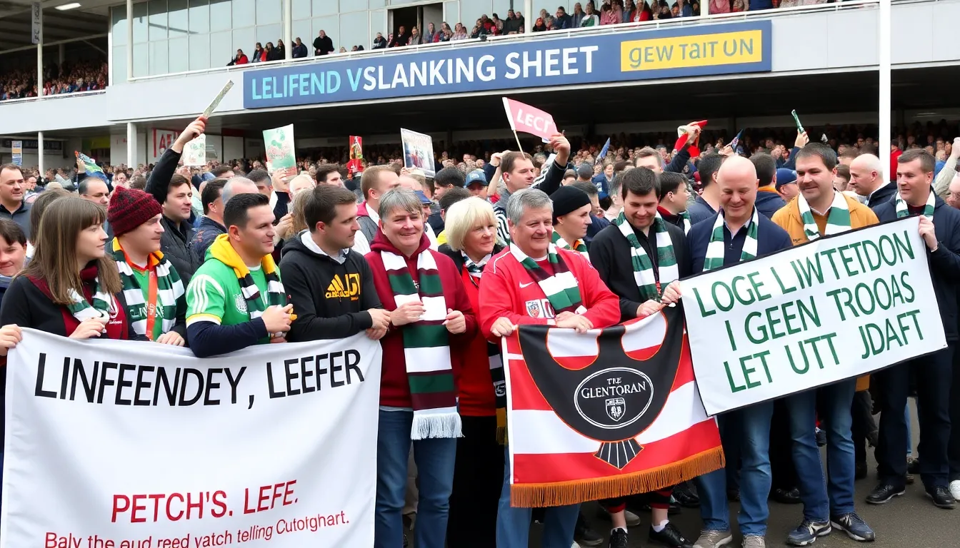 A bustling local street scene with fans wearing team colors, showcasing the excitement and community engagement surrounding the Irish Premiership event