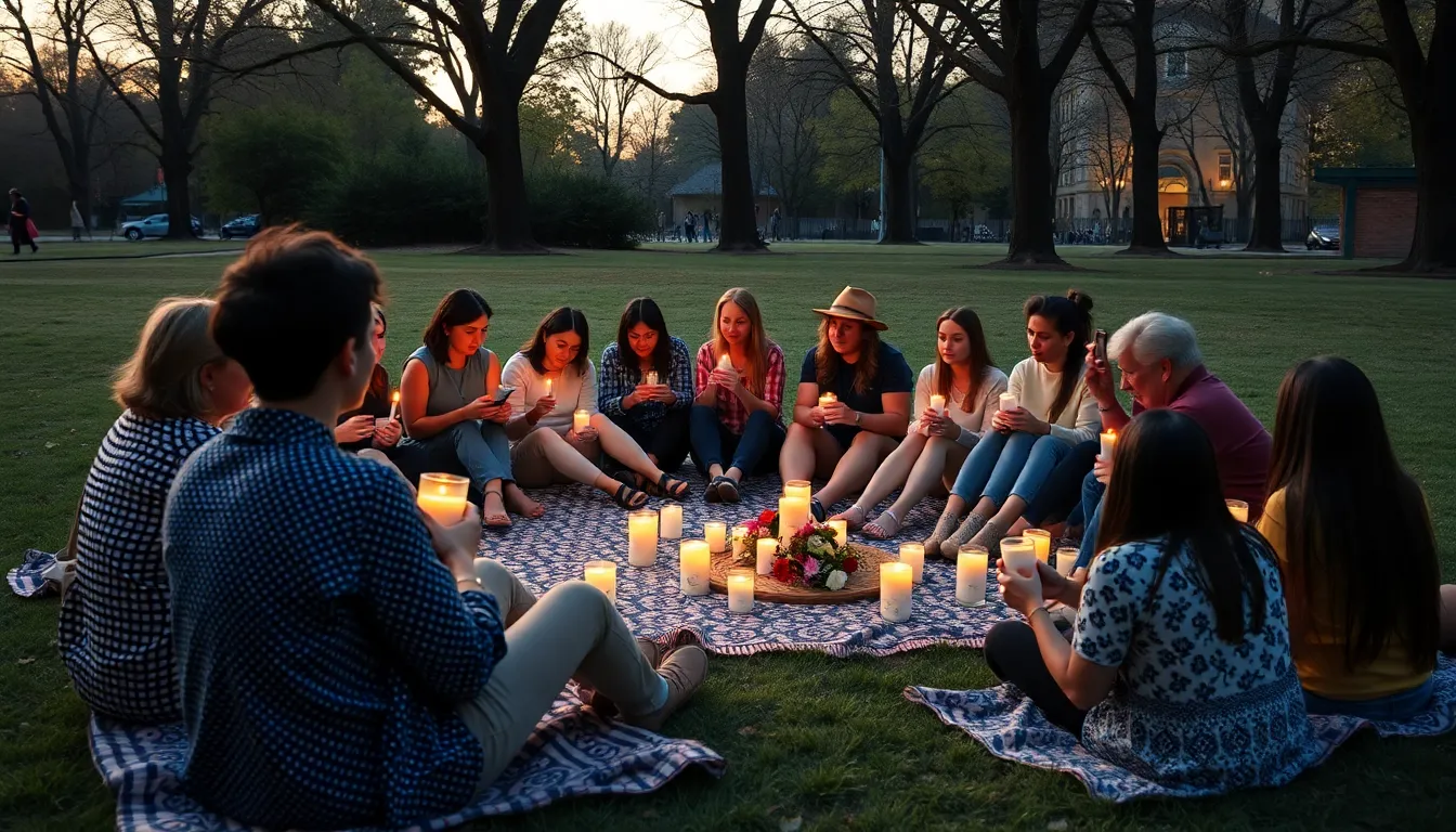 A group of people gathers in a park to share stories and celebrate the life of a recently deceased individual known for his emphasis on genuine connections and emotional transparency.