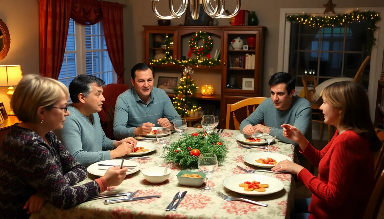 A bustling restaurant decorated for Christmas, filled with diners enjoying their meals, representing the challenges faced by misophonia sufferers in noisy environments during the festive season