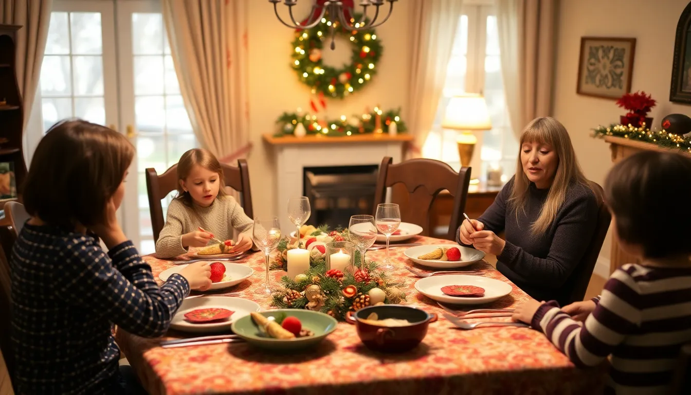 A family gathers around a festive table filled with holiday dishes, while one member visibly flinches at the sound of clinking silverware, highlighting the challenges faced by those with misophonia during Christmas celebrations.
