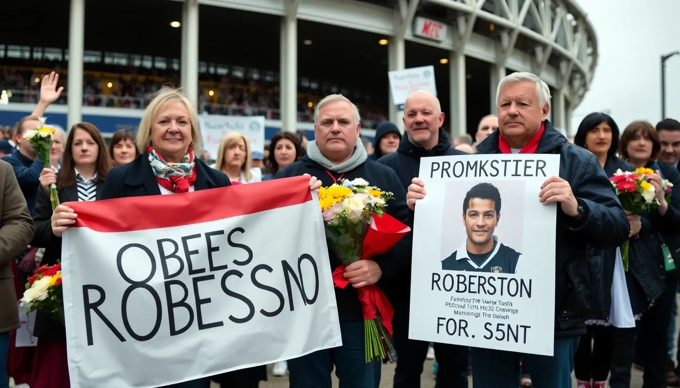 Fans gather outside a stadium, holding banners and flowers in tribute to Robertson, mourning the loss of the legendary footballer.
