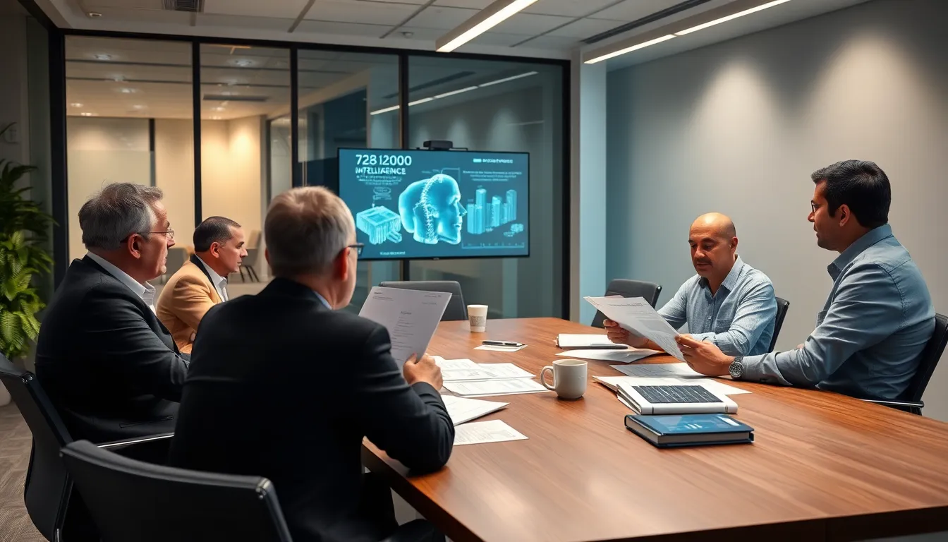 A group of economists and tech industry leaders gather at a conference table, discussing the potential risks and benefits of artificial intelligence while reviewing reports and data on the topic.