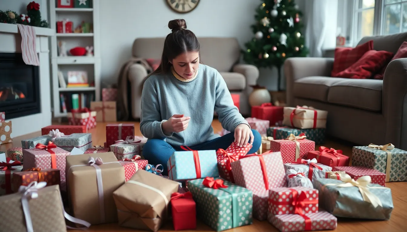 A person sorts through a pile of unwanted Christmas gifts, contemplating which items to donate or exchange as the holiday season comes to an end.