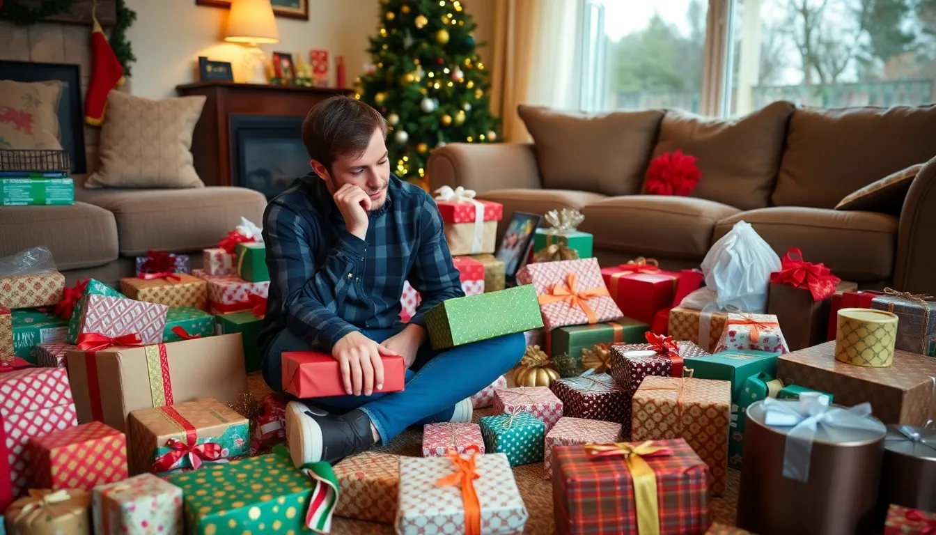 A cozy living room scene with a family happily exchanging gifts, emphasizing the joy and tradition of holiday celebrations