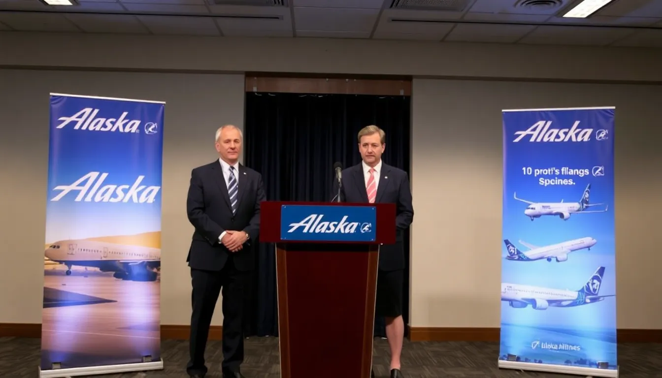 Alaska Airlines executives announce the purchase of 110 Boeing aircraft during a press conference, highlighting the airline's plans for fleet expansion and improved operational efficiency.