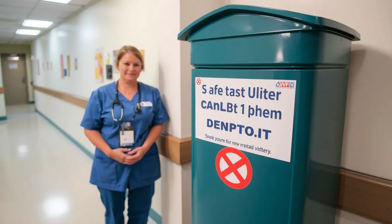 Local law enforcement officials engage with hospital staff, highlighting their collaboration to enhance public safety through the amnesty bin program