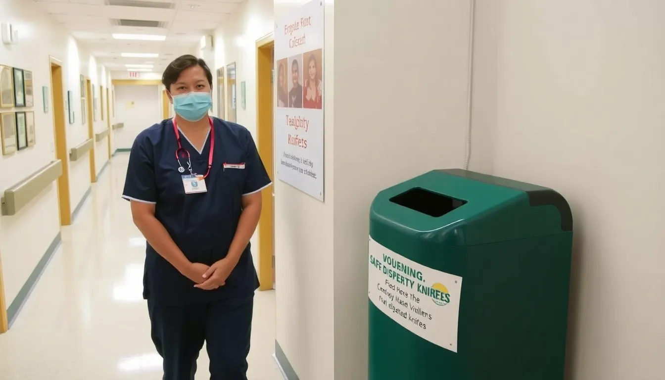 A hospital staff member stands next to an amnesty bin designated for the safe disposal of knives, emphasizing the initiative aimed at reducing kniferelated violence in the community.