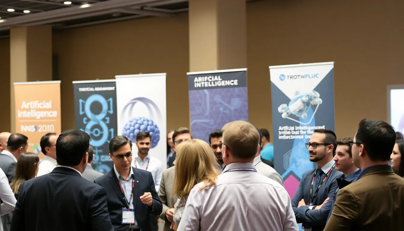 A group of investors discusses funding strategies at a conference focused on artificial intelligence and technology advancements.