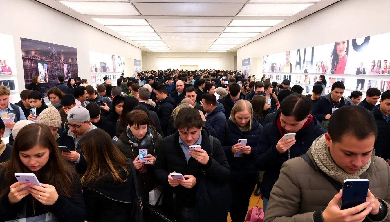 Shoppers crowd an Apple store, eagerly examining the latest iPhone models during the bustling holiday season.