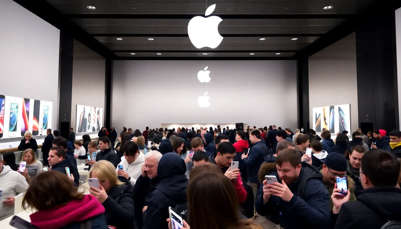 A group of friends using their new iPhones together, illustrating the social aspect of technology and the demand for connectivity during the holidays