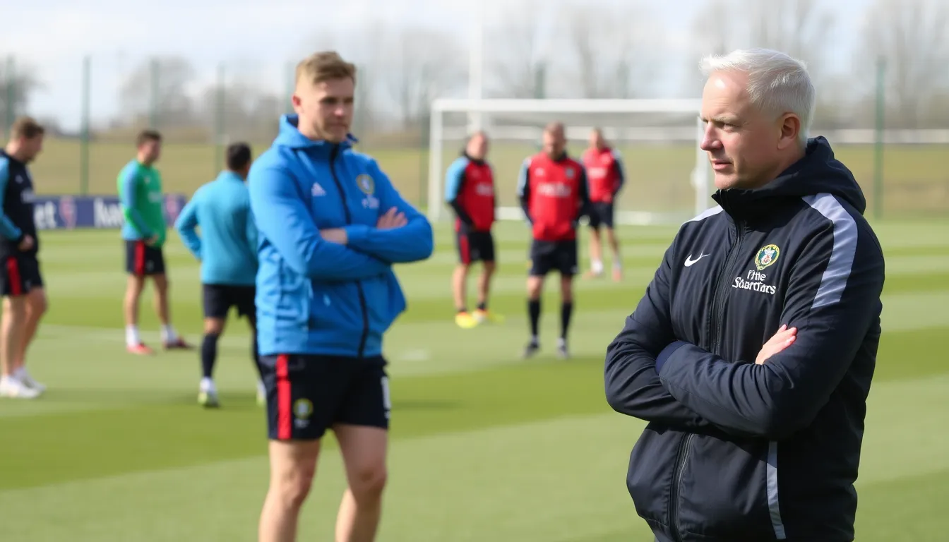 Arne Slot stands on the training field, discussing strategies with his coaching staff as players practice in the background, highlighting the team's preparations for the upcoming match against Barnsley amidst injury concerns.