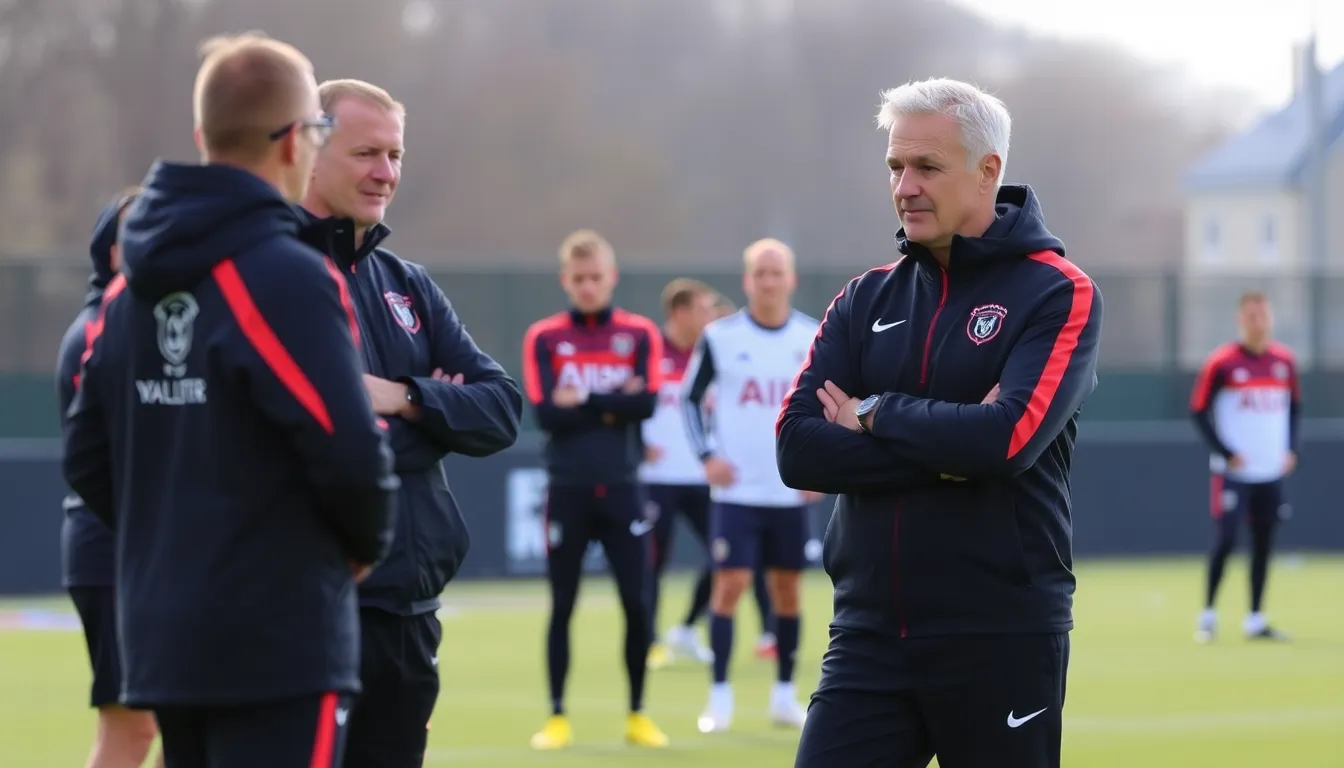 Arne Slot is seen discussing tactics with his coaching staff, emphasizing the need for alternative strategies following Bradley's injury