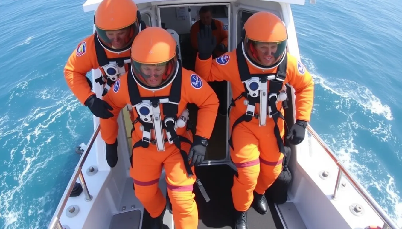 Two astronauts in bright orange spacesuits are seen being assisted by recovery personnel on a boat after their successful splashdown in the Gulf of Mexico following a medical evacuation from the International Space Station.