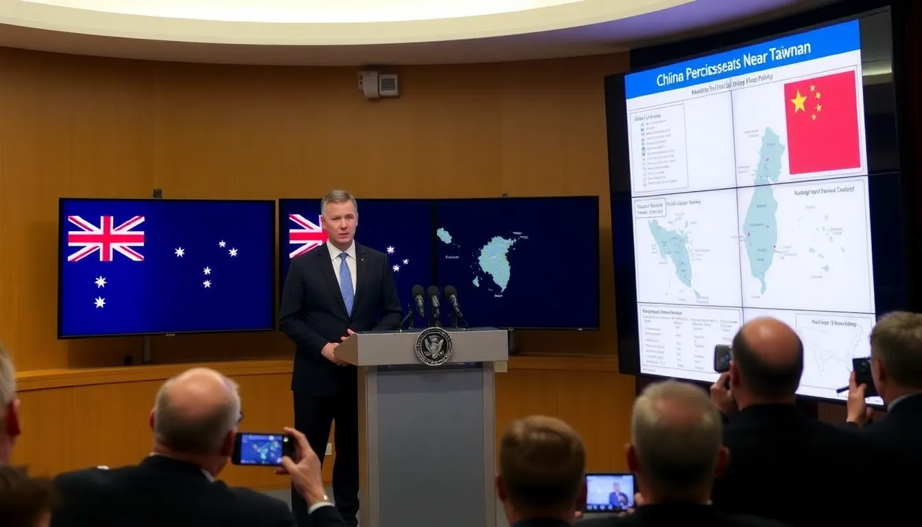 Australian officials express concern during a press conference about the implications of Chinese military exercises near Taiwan, highlighting regional stability and security issues.