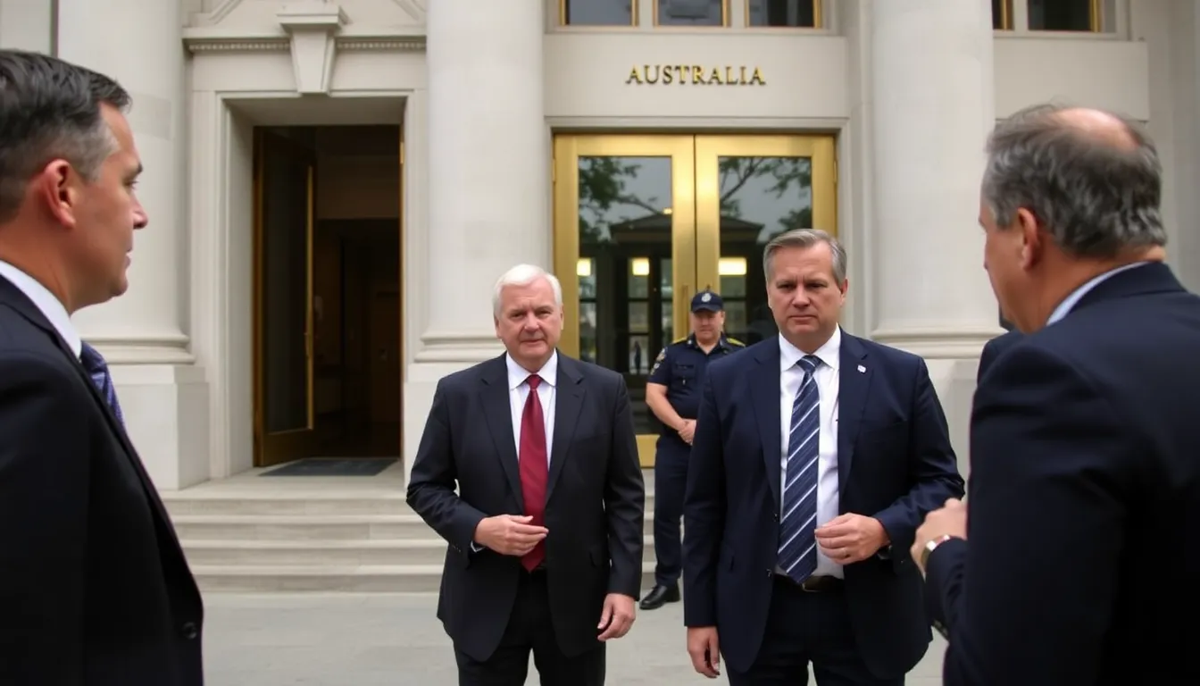 Australian authorities are seen discussing the deportation of a British man linked to neoNazi groups outside a government building, highlighting concerns over national security and farright extremism.