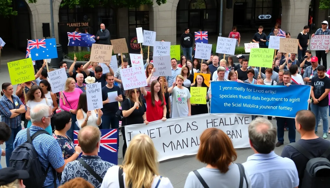 A group of Australians gathers in a public square, holding signs and banners to protest against the government's recent social media ban, while a diverse crowd watches and engages in discussions.