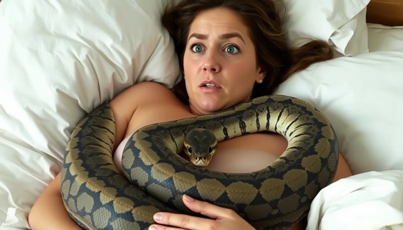 A woman lies in bed with a large python curled on her chest, looking surprised and concerned.