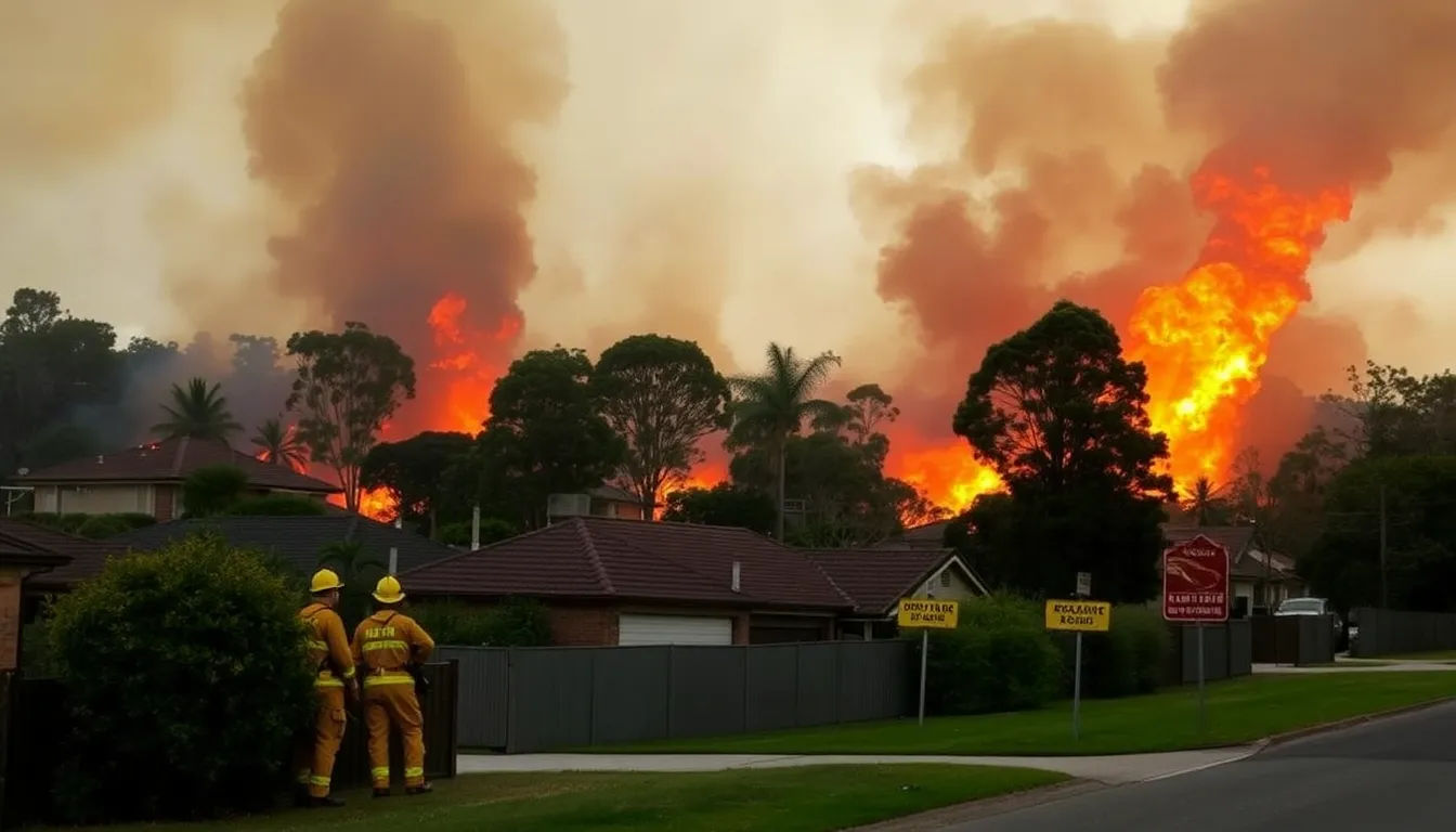 Flames engulf a residential area in Australia as firefighters battle to contain the raging bushfires that have devastated homes and forced evacuations.