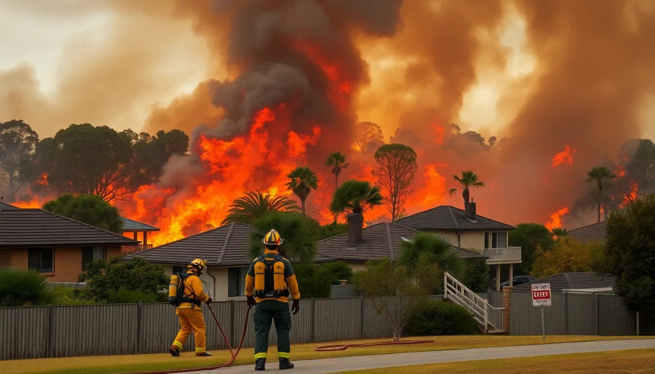 Firefighters battling raging flames in a forest area, working tirelessly to protect nearby communities from the advancing fires