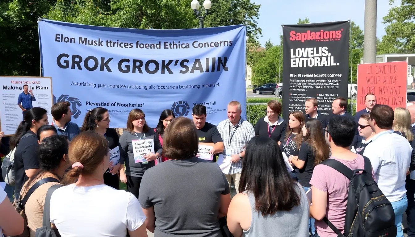 A diverse group of activists and tech experts gather at a public forum to discuss the ethical concerns surrounding Elon Musk's Grok AI, emphasizing the need for accountability and transparency in artificial intelligence.