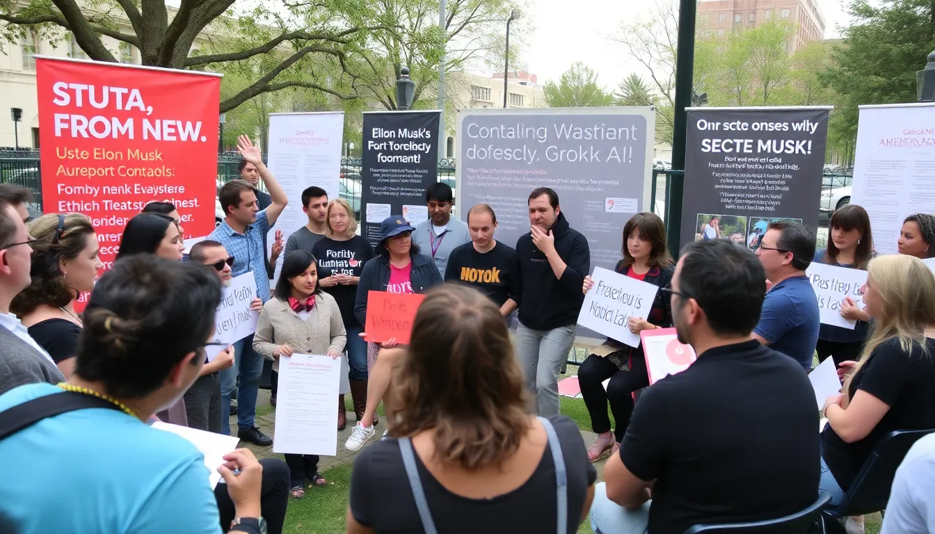 A diverse group of stakeholders, including tech experts and civil rights advocates, engaging in discussions about the ethical concerns surrounding AI development