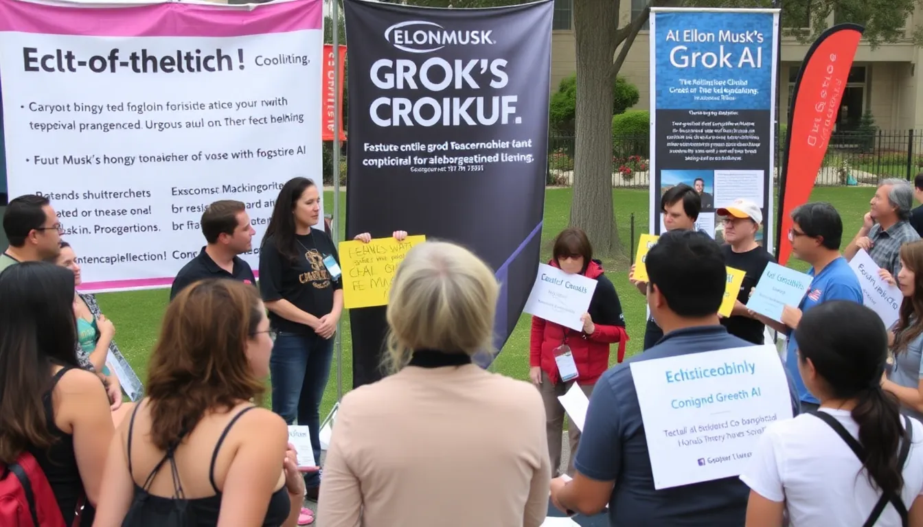 A scene depicting users interacting with digital platforms, illustrating the potential shifts in content moderation and privacy concerns due to the integration of Grok AI