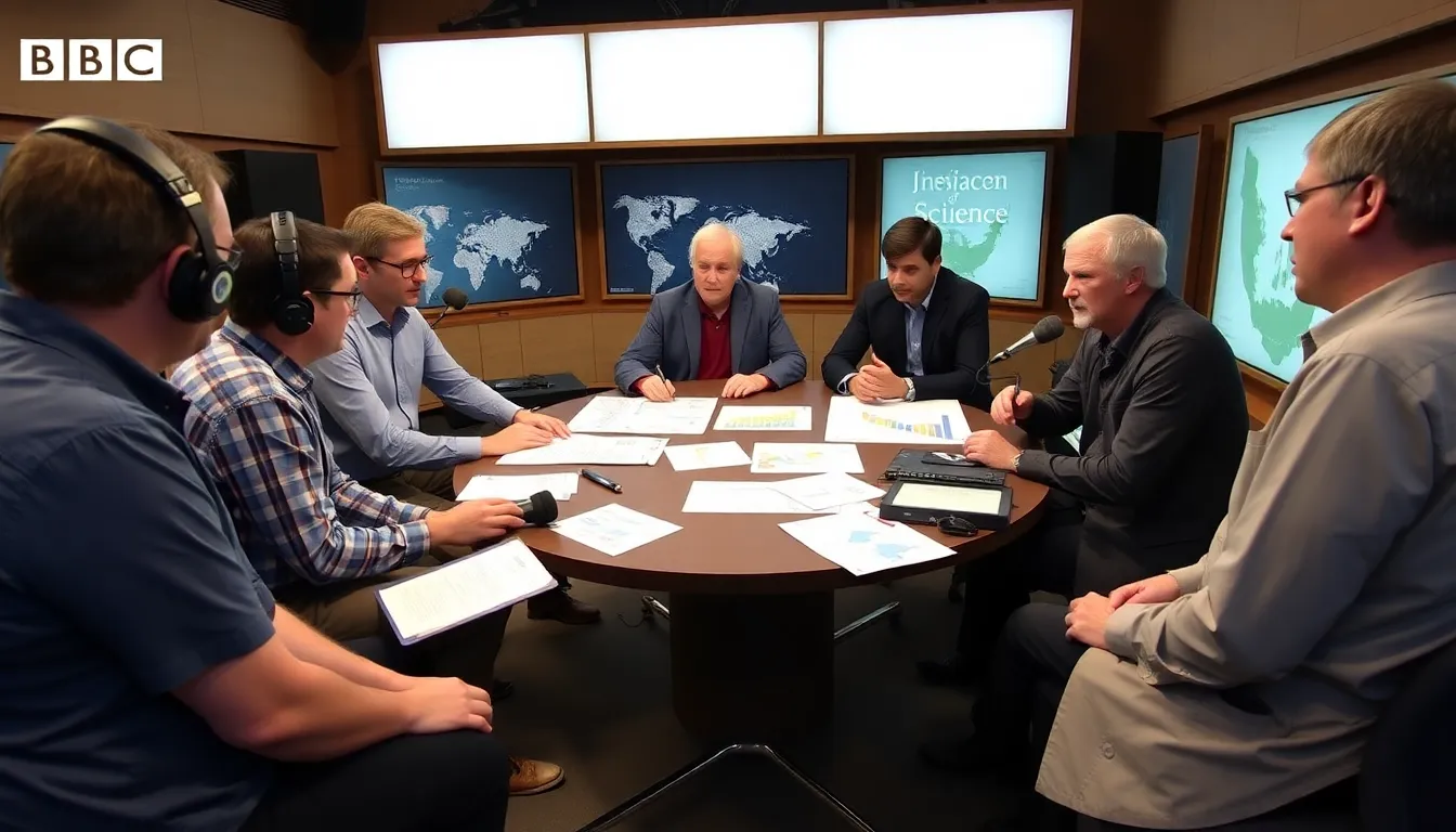 A group of scientists gathers around a table, discussing climate change data while reviewing charts and graphs during a BBC Inside Science recording session.