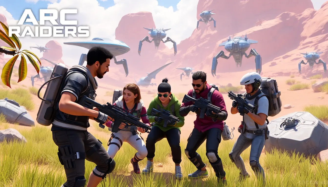A group of players collaborates in a futuristic landscape, strategizing to fend off robotic invaders while gathering resources in the cooperative multiplayer shooter Arc Raiders.