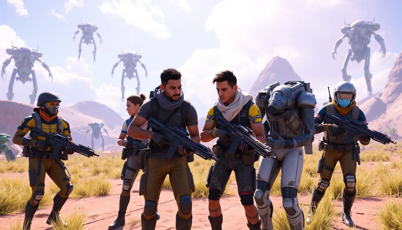 A thrilling scene showcasing players fighting against robotic invaders in a postapocalyptic world filled with action and teamwork