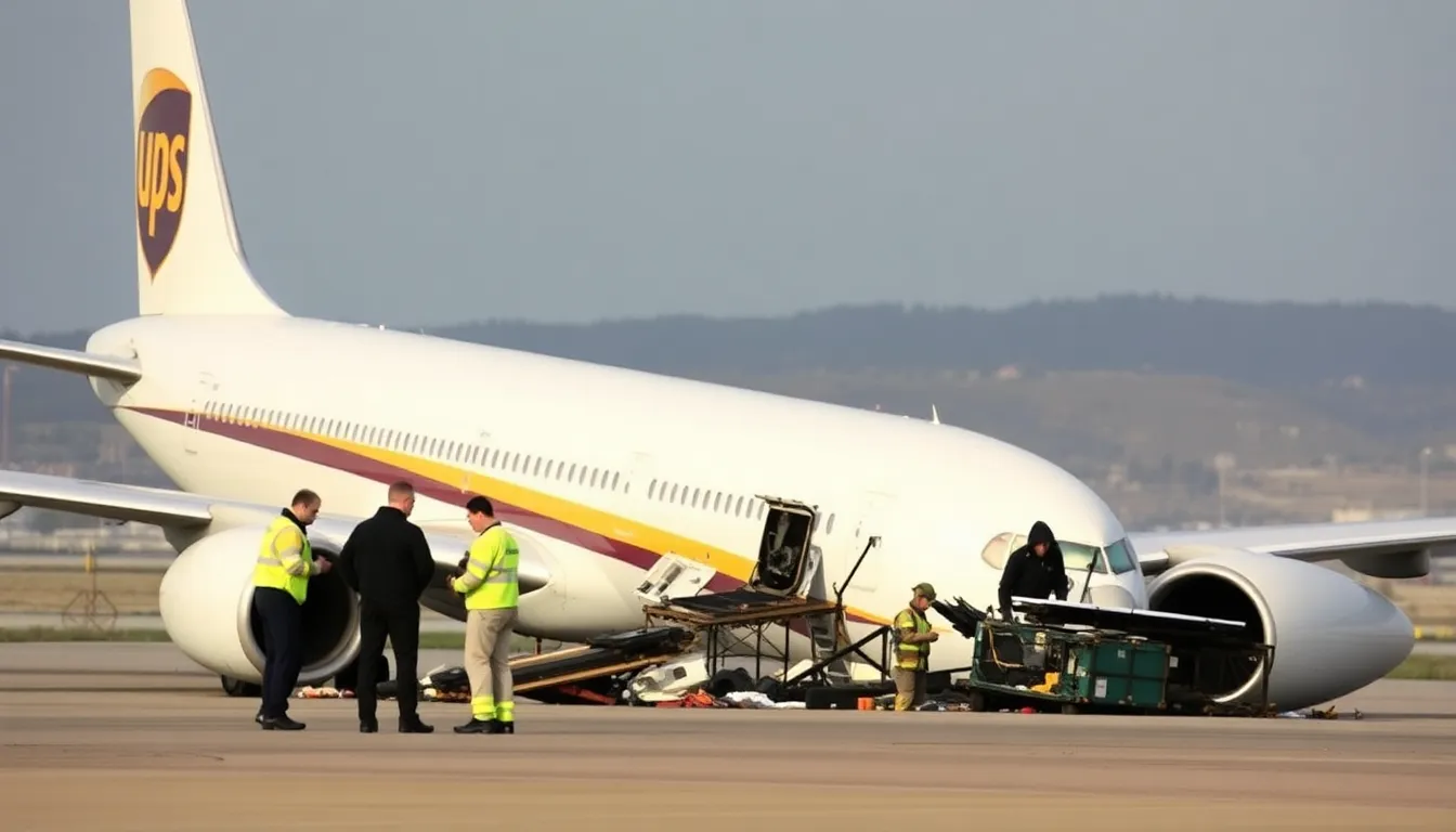 A UPS cargo plane sits on the tarmac as investigators examine the site of the crash that resulted in the loss of both pilots and raised safety concerns about Boeing's aircraft components.