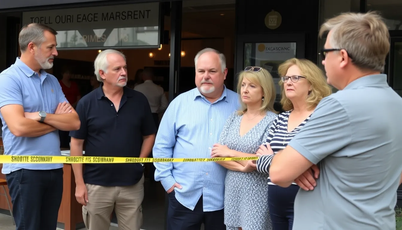 A group of concerned residents gathers outside a café in Bondi, discussing the recent shooting incident that has raised alarms about public safety in the community.