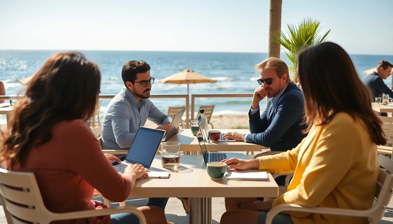 A group of professionals is seen working on laptops at a scenic beachside café, enjoying the sun and ocean view while blending work and leisure during their workation.