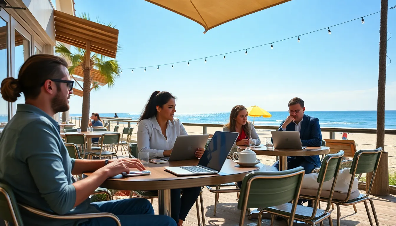 Professionals engaging in a video conference call from a cozy countryside retreat, surrounded by nature and equipped with highspeed internet