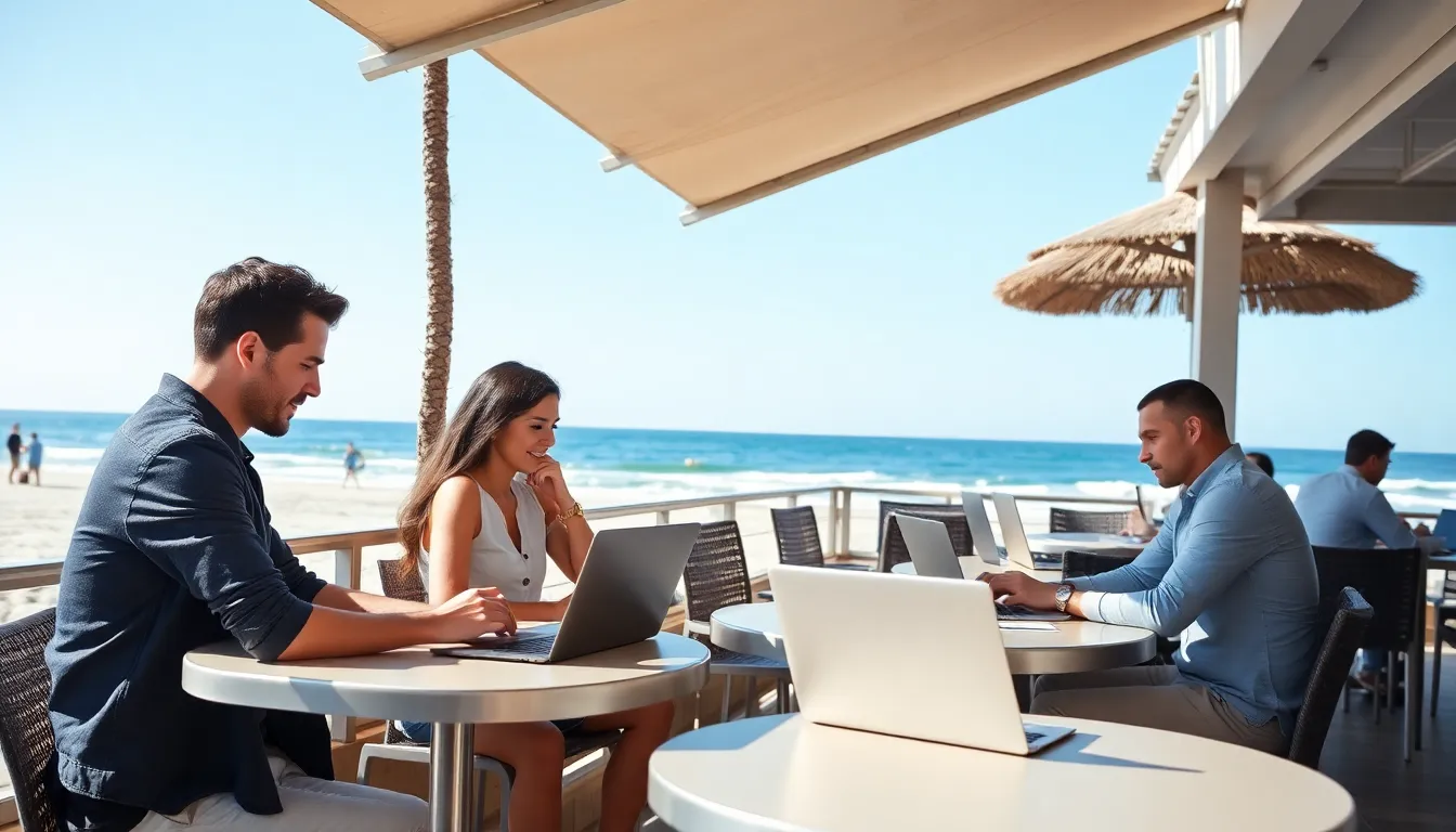 A bustling local café filled with remote workers sipping coffee and working on their laptops, highlighting the growing demand for workfriendly spaces