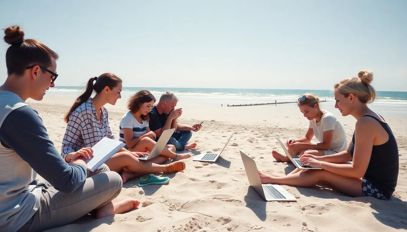 A group of remote workers is seen enjoying a sunny beach while using laptops and taking notes, highlighting the growing trend of workations in the UK.
