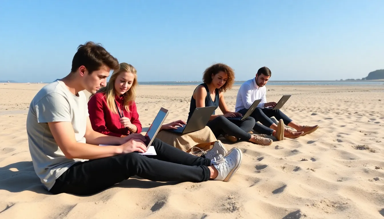 Employees engaging in a brainstorming session outdoors, surrounded by nature, highlighting the benefits of changing work environments for creativity and satisfaction